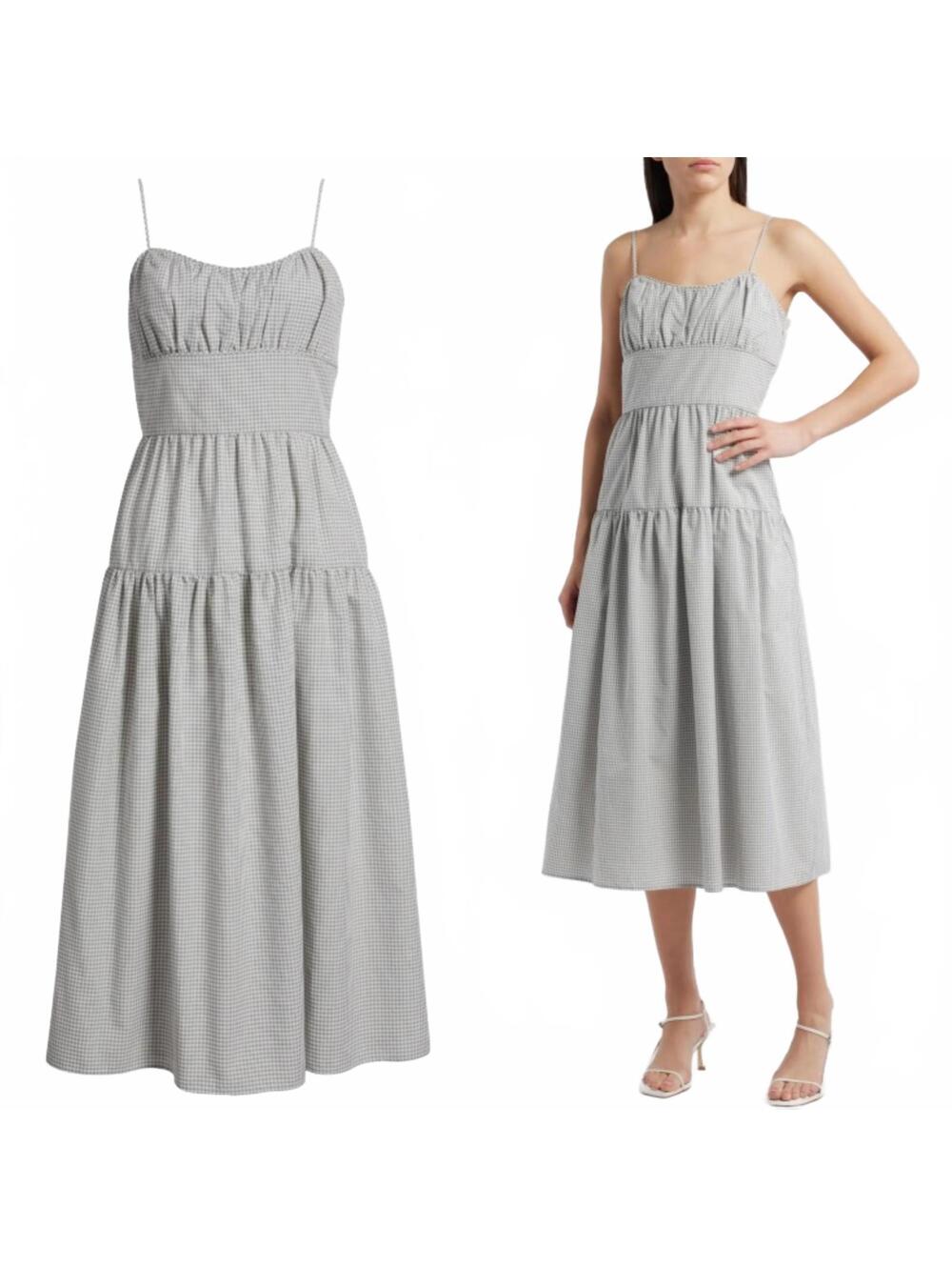 Charles Henry Check Tiered Midi Dress NWT Ivory Black Seersucker XL